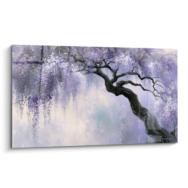 Tableau Tronc noir sinueux aux grappes mauves et blanches - Écorce noueuse penchée - Edition Glycine
