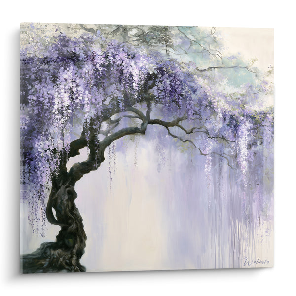 Tableau Arbre noueux aux grappes mauves et blanches - Tronc noueux sculptural - Edition Glycine