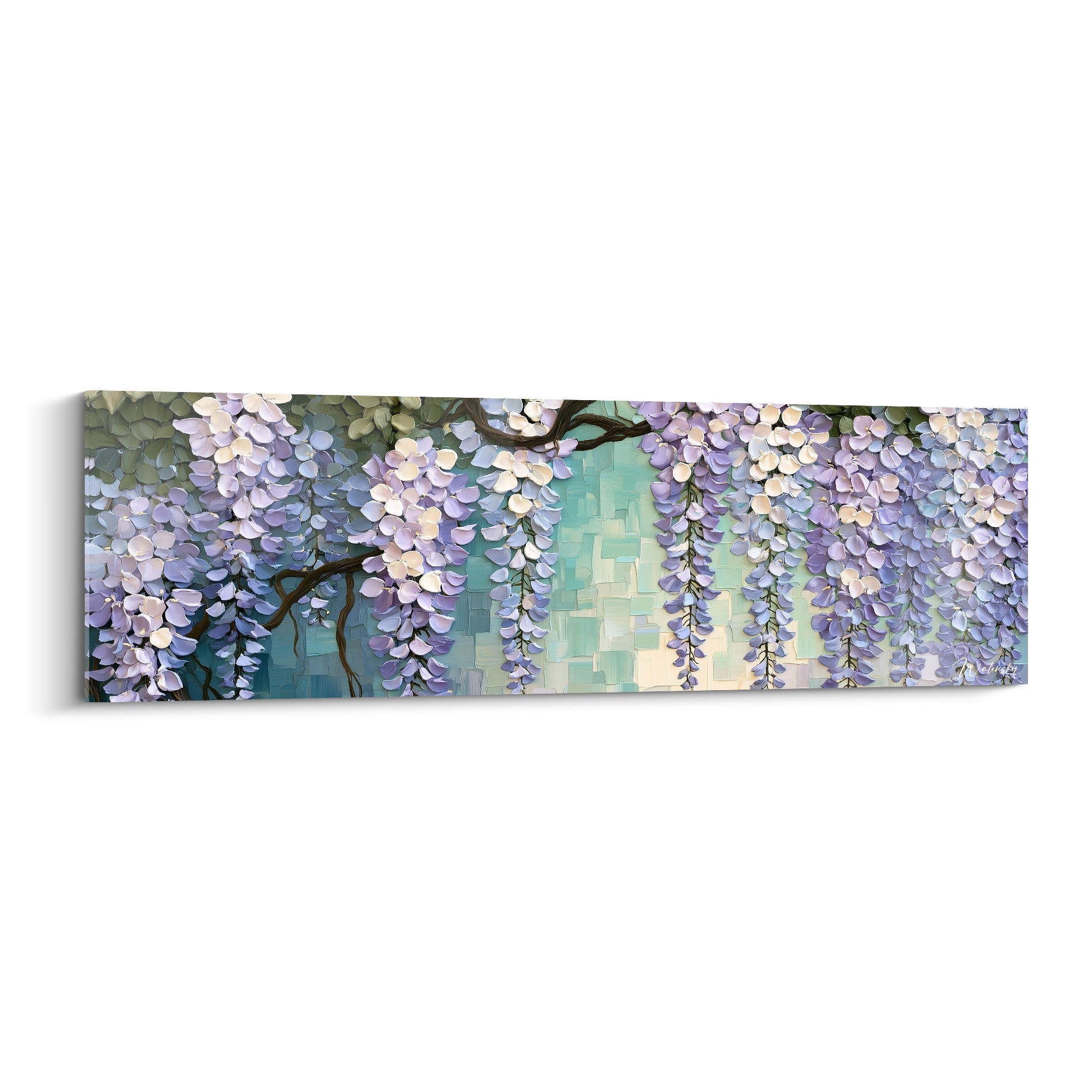 Glycine mauve et blanc ivoire en grappes suspendues sur fond turquoise mosaïqué texturé