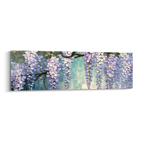 Tableau Grappes mauves et ivoire sur fond turquoise mosaïque - Branches sinueuses tombantes - Edition Glycine