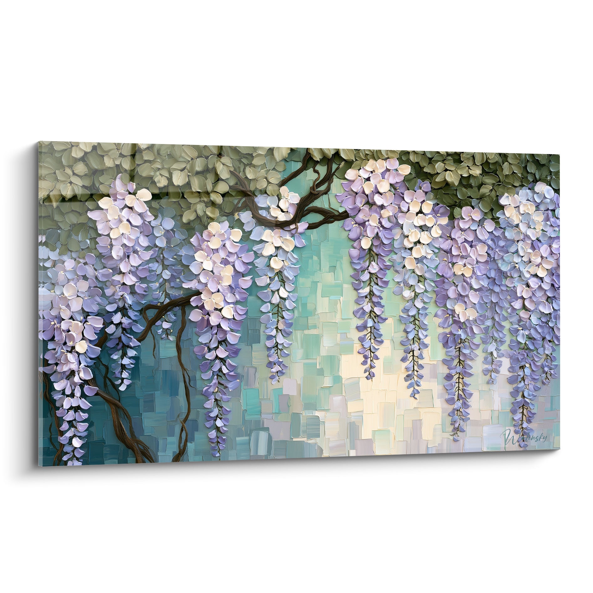 Glycine mauve et blanc crème en grappes suspendues sur fond bleu turquoise texturé