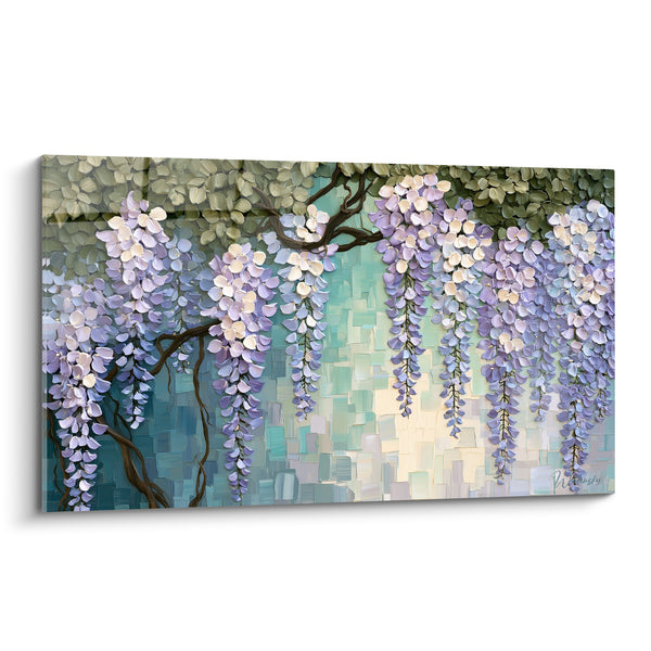 Tableau Grappes mauves et ivoire sur fond turquoise en mosaïque - Vrilles brunes entrelacées - Edition Glycine