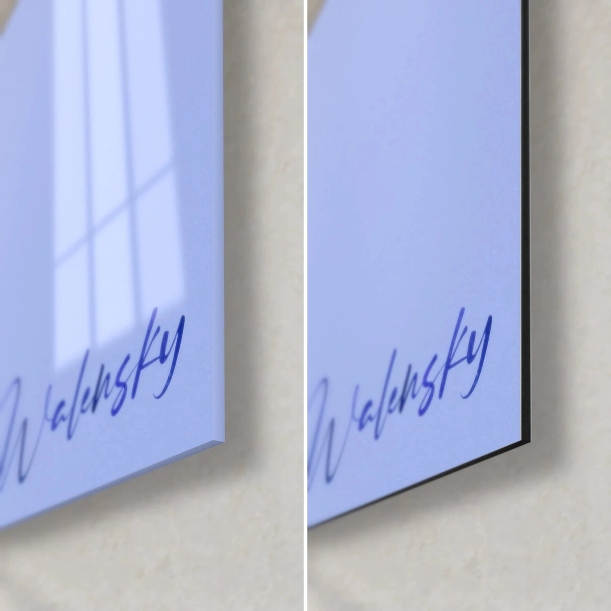 Wall art wisteria with violet petals, bottom right corner: glossy acrylic glass on the left, matte black Dibond aluminum on the right