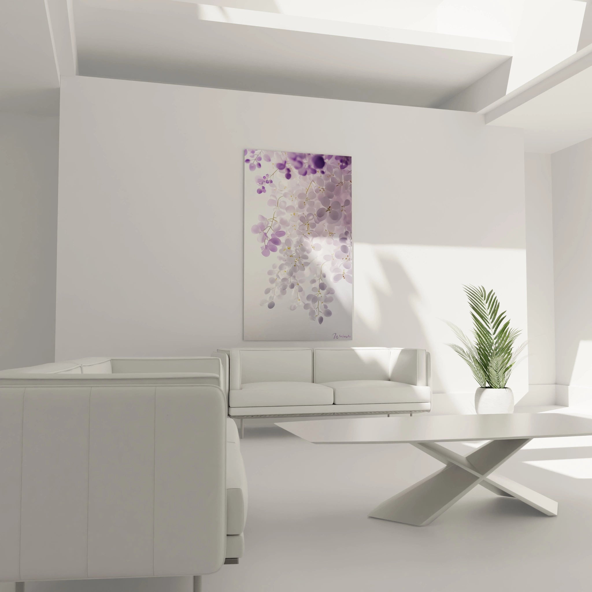 Un tableau Glycine nature mettant en scène des grappes florales aux nuances violettes et bleutées. Les pétales semi-transparents et les tiges sinueuses forment une composition aérienne sur fond clair.

