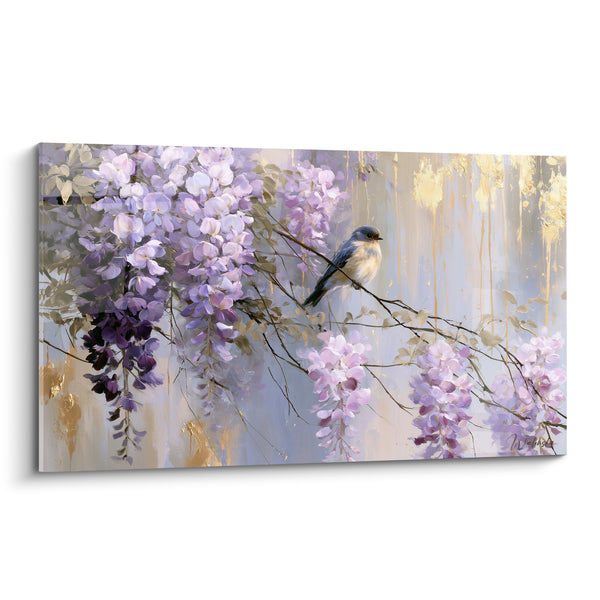 Tableau Oiseau bleu et blanc sur fine branche - Coulures argentées verticales - Edition Glycine