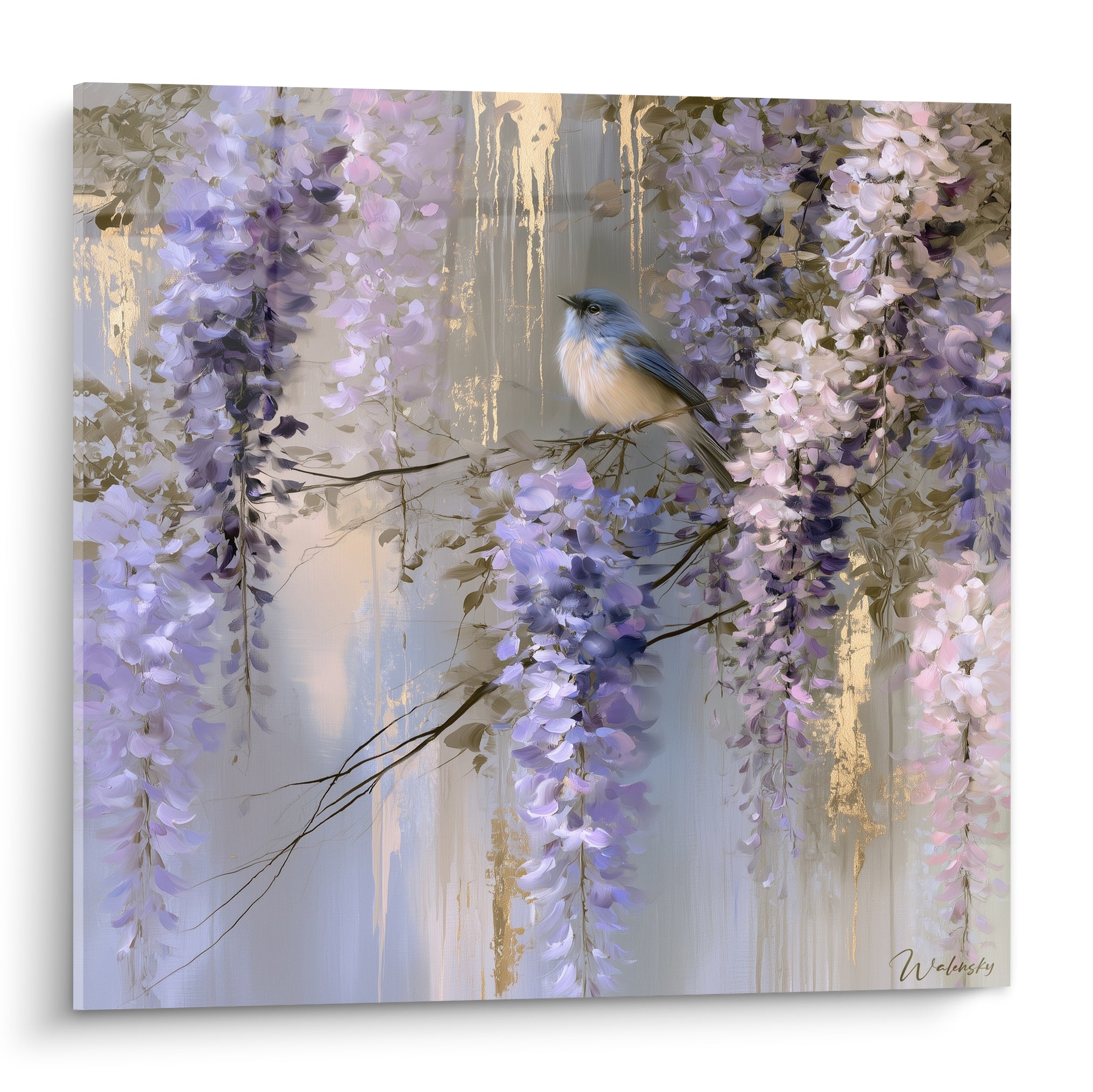 Glycine mauve et dorée en cascade avec oiseau bleu posé sur une branche fine