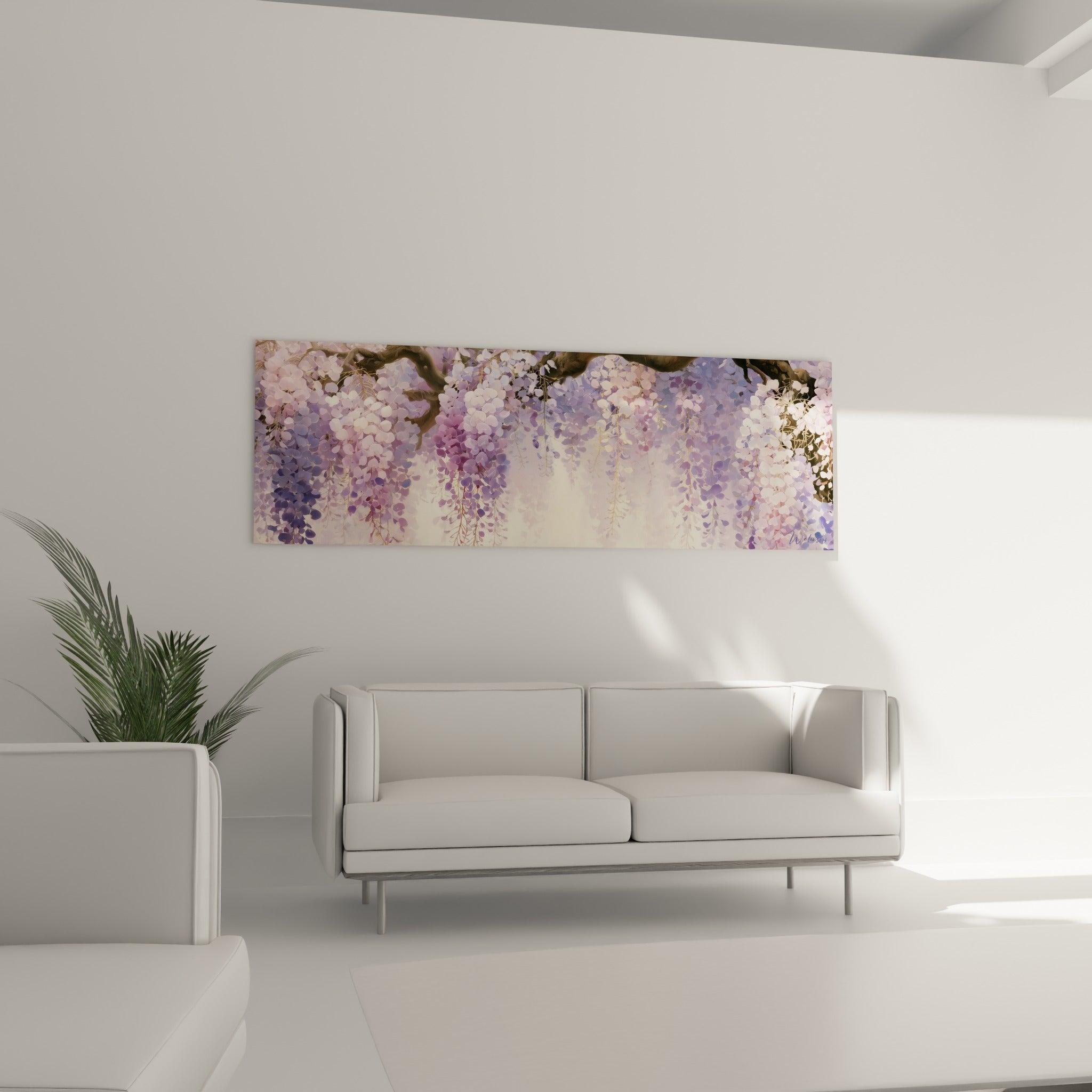 Glycine mauve et pastel en pleine floraison, accrochée au-dessus d'un canapé dans un salon lumineux