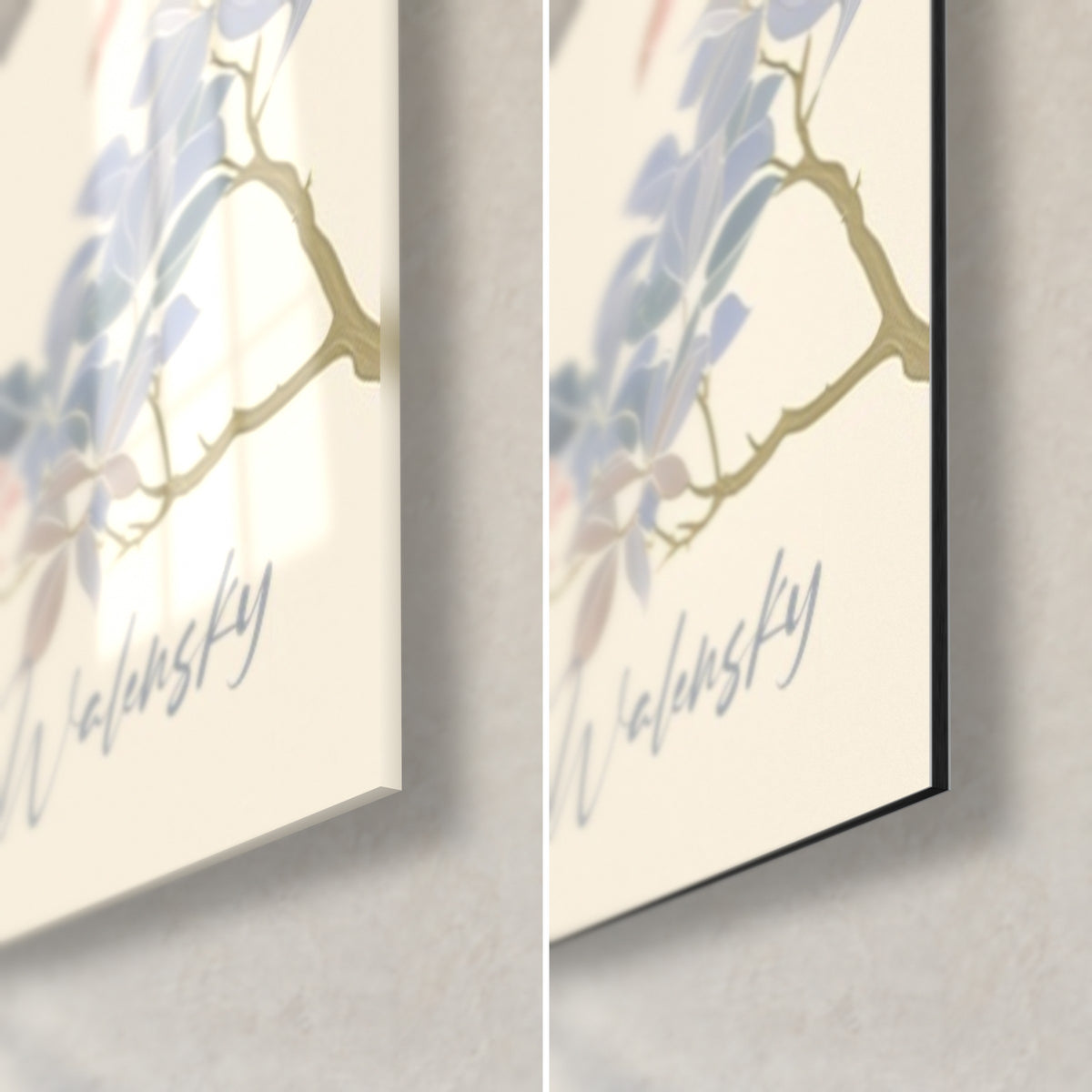 Schilderij trossen blauweregen in mauve, rechtsonder een poederroze takje en Walensky-signatuur, glanzend glas en mat Dibond