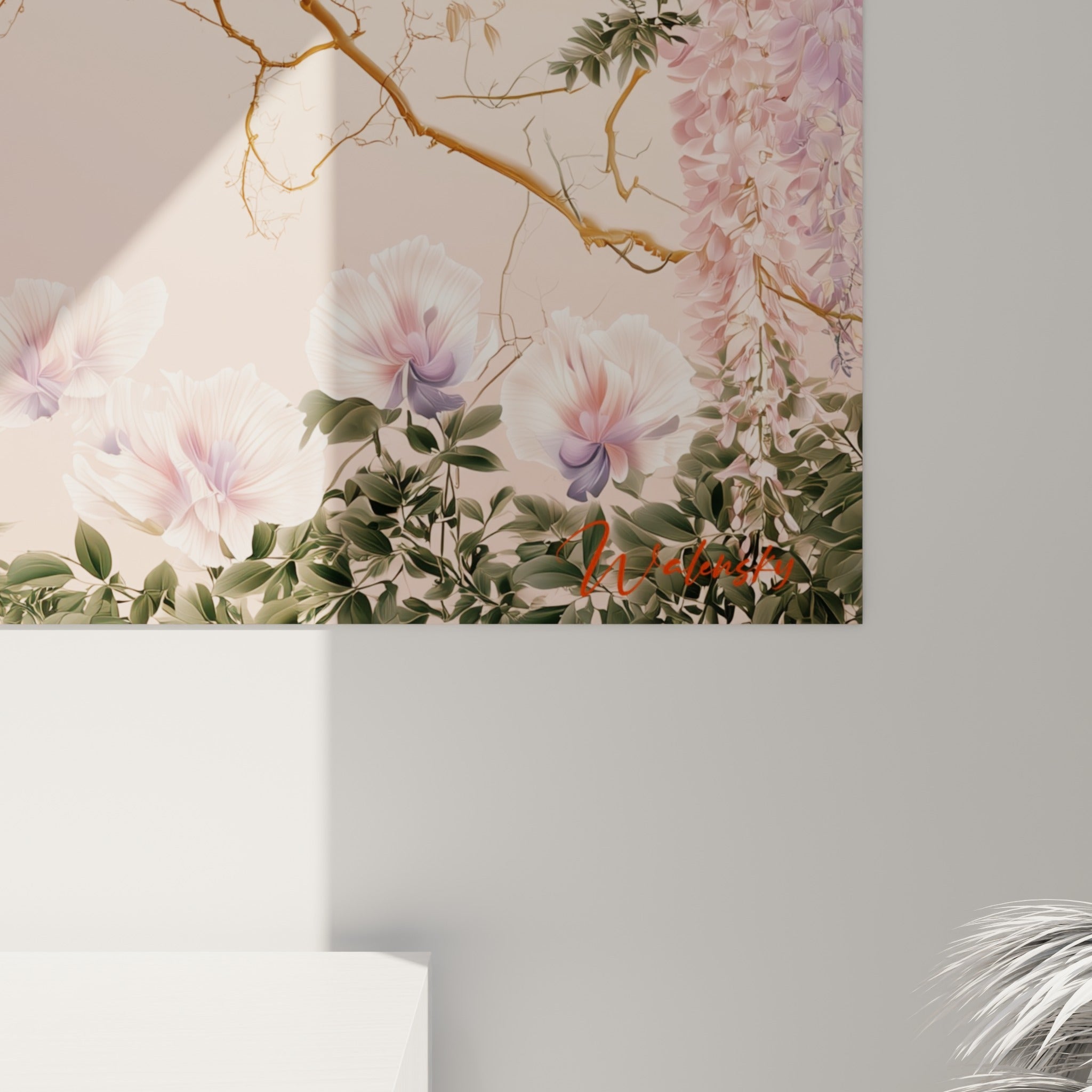 Détail des pétales mauves et roses de la glycine, grain fin et dégradé pêche visible en gros plan