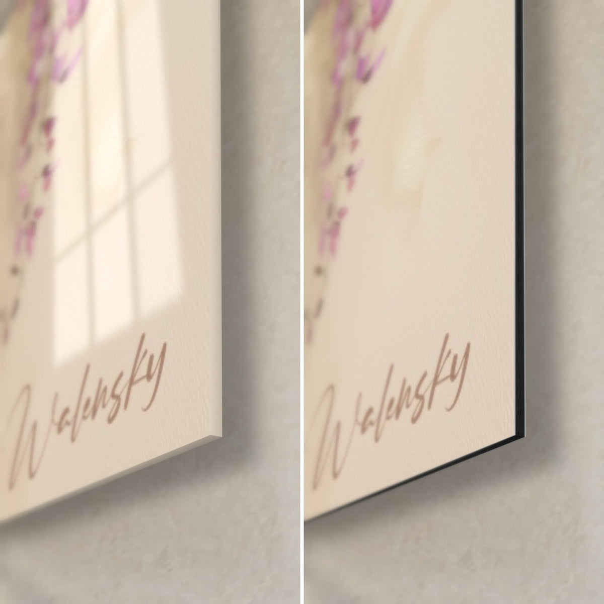 Quadro grappoli di glicine malva e rosa, angolo in basso a destra: vetro acrilico lucido a sinistra, alluminio Dibond opaco a destra, firma ramata