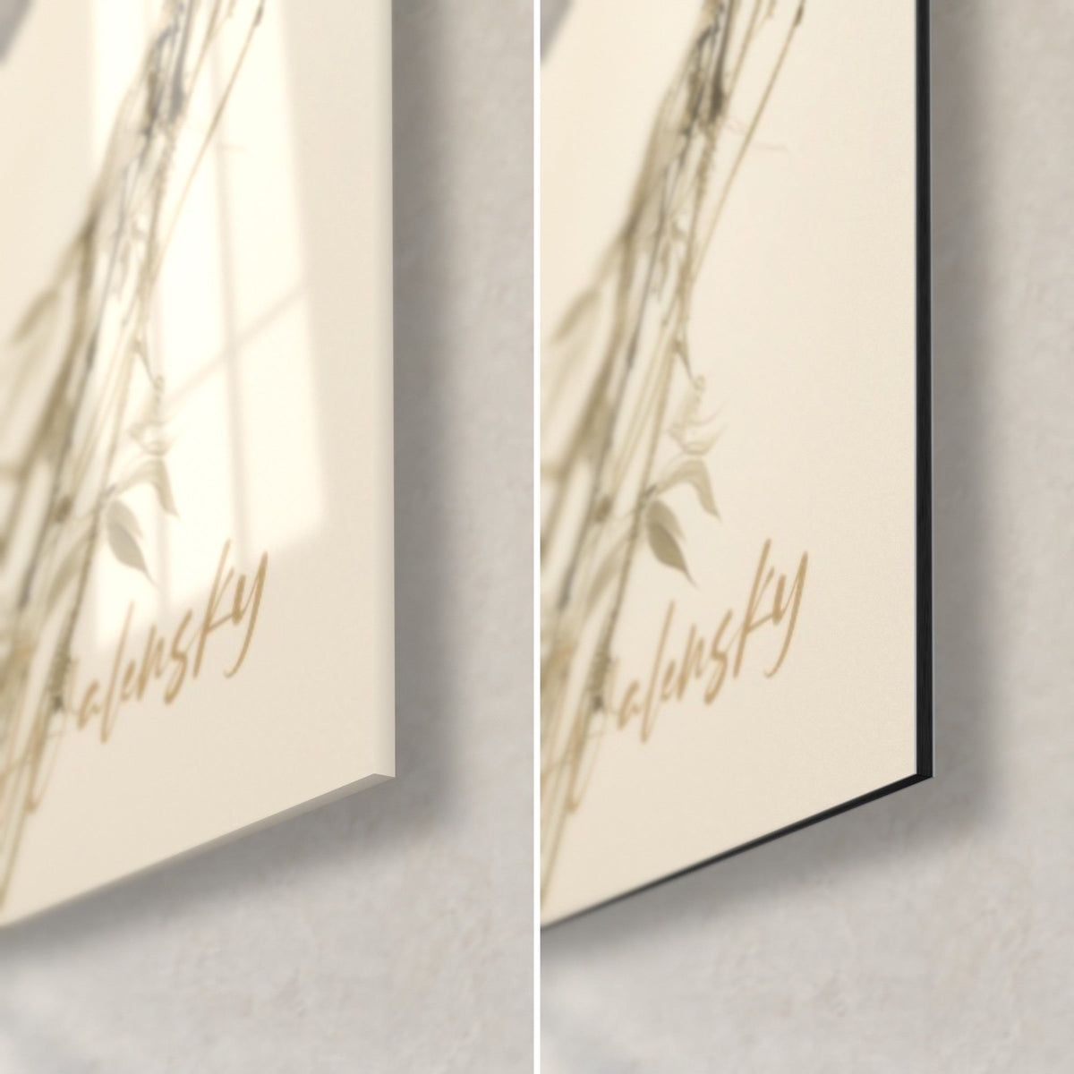 Wall art of blue-violet wisteria clusters, golden signature in the bottom right corner, glossy acrylic glass on the left, matte Dibond on the right
