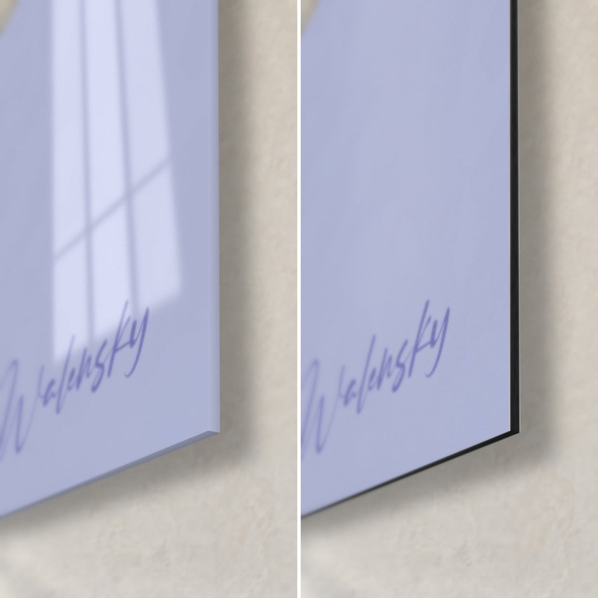 Quadro fiori di glicine viola, angolo in basso a destra firmato Walensky, vetro lucido con riflessi e Dibond nero opaco