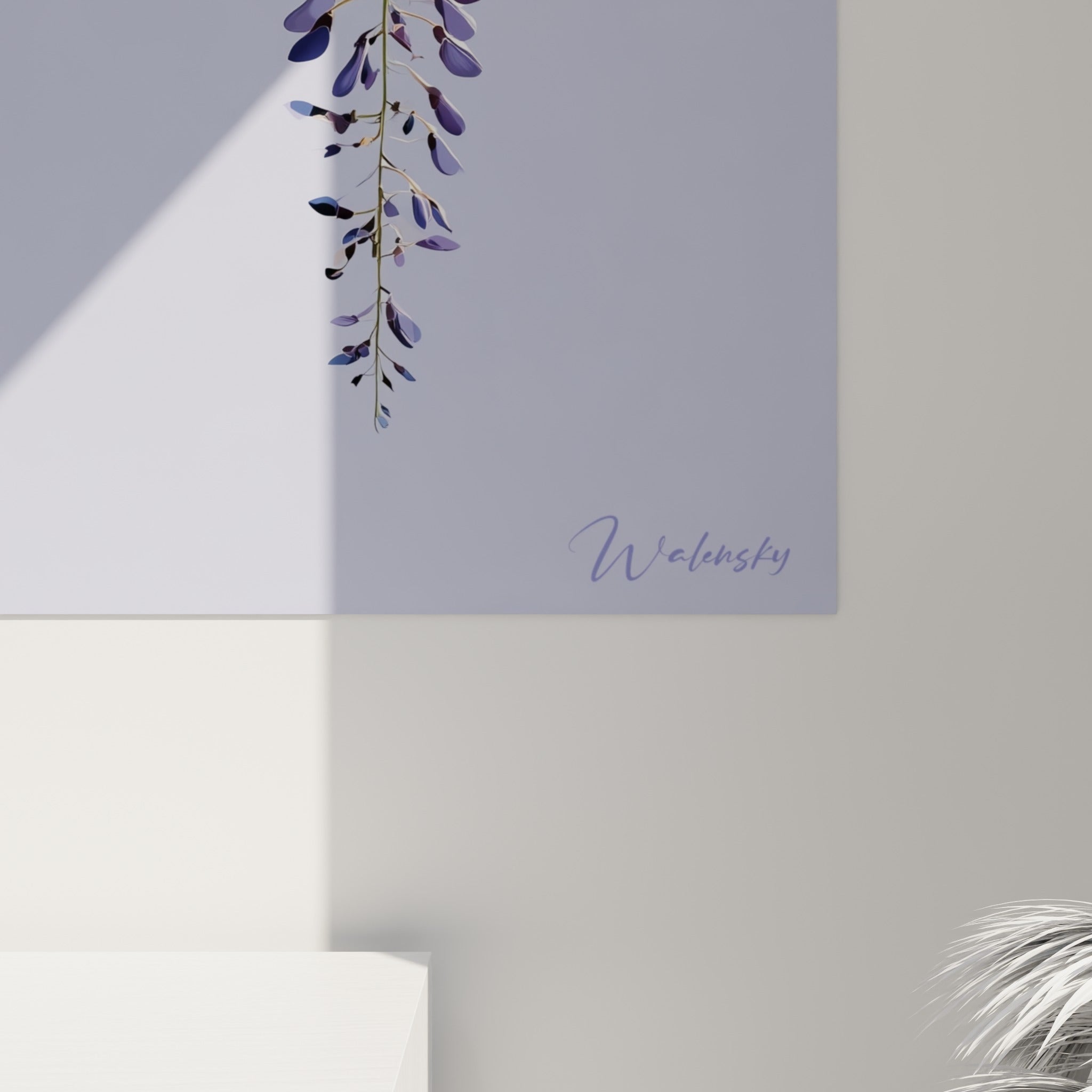 Pétales de glycine lilas et bleutés en gros plan, textures fines et dégradés violets sur la toile