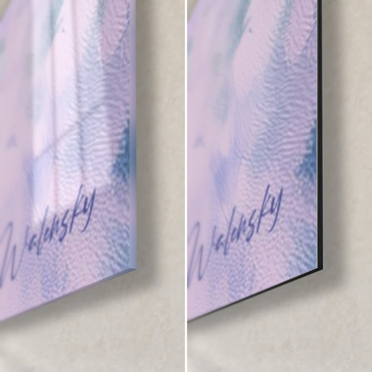 Wall art purple wisteria, bottom right corner: glossy acrylic glass with reflections, matte Dibond aluminium and 3 mm black edge