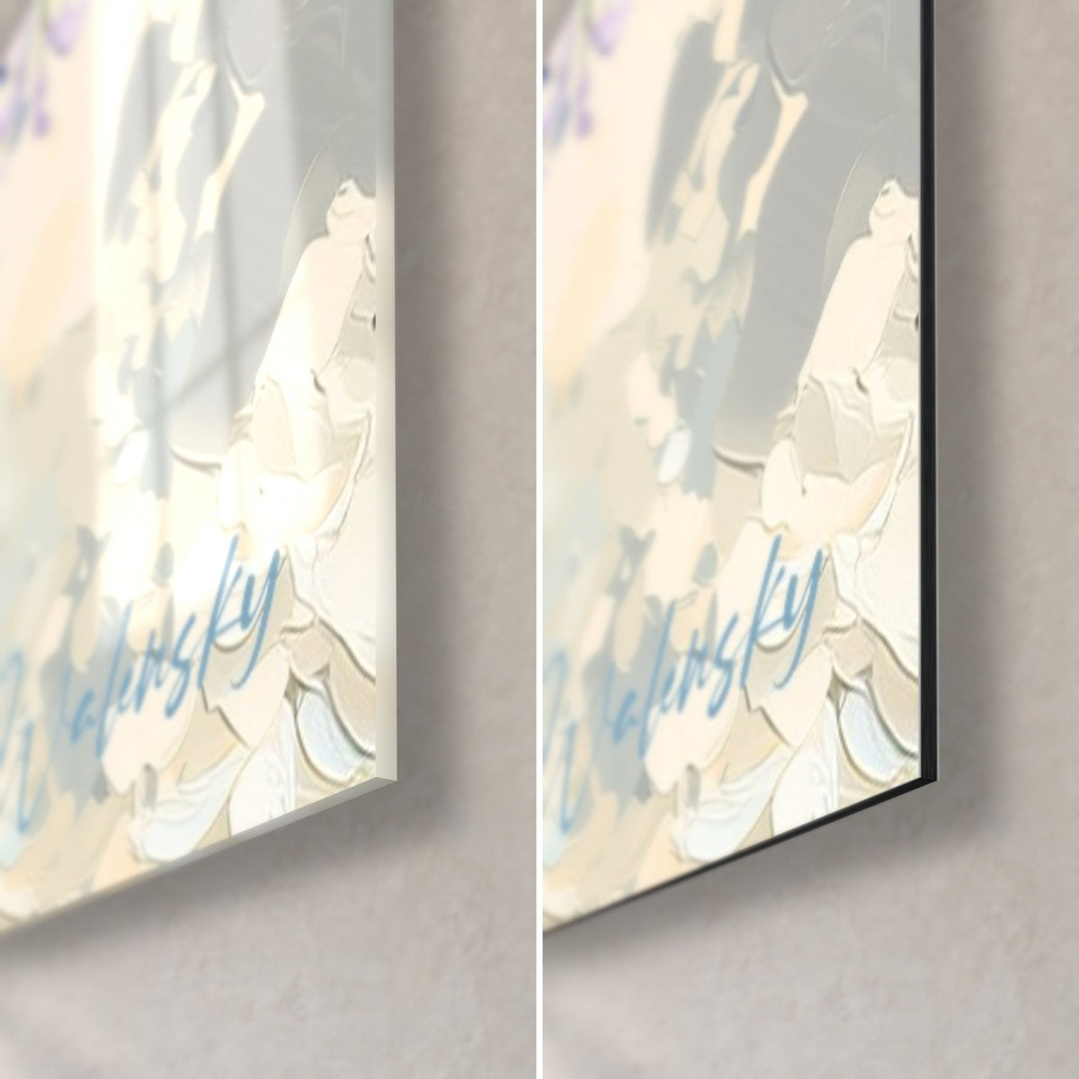 Wall art pale mauve and cream petals, bottom right corner: glossy acrylic glass on the left, matte black Dibond on the right