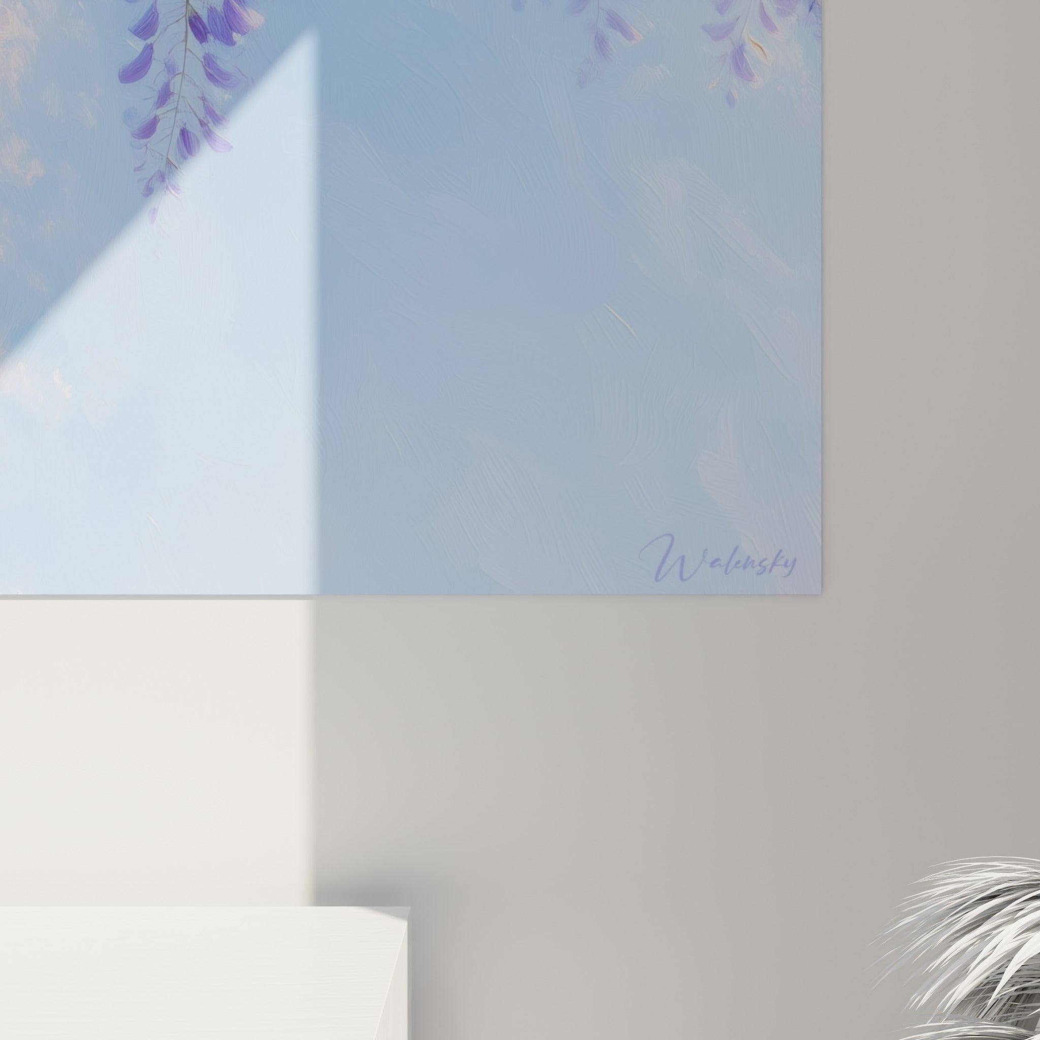 Détail des pétales de glycine, touches empâtées mauves et bleu pastel qui se fondent en douceur.
