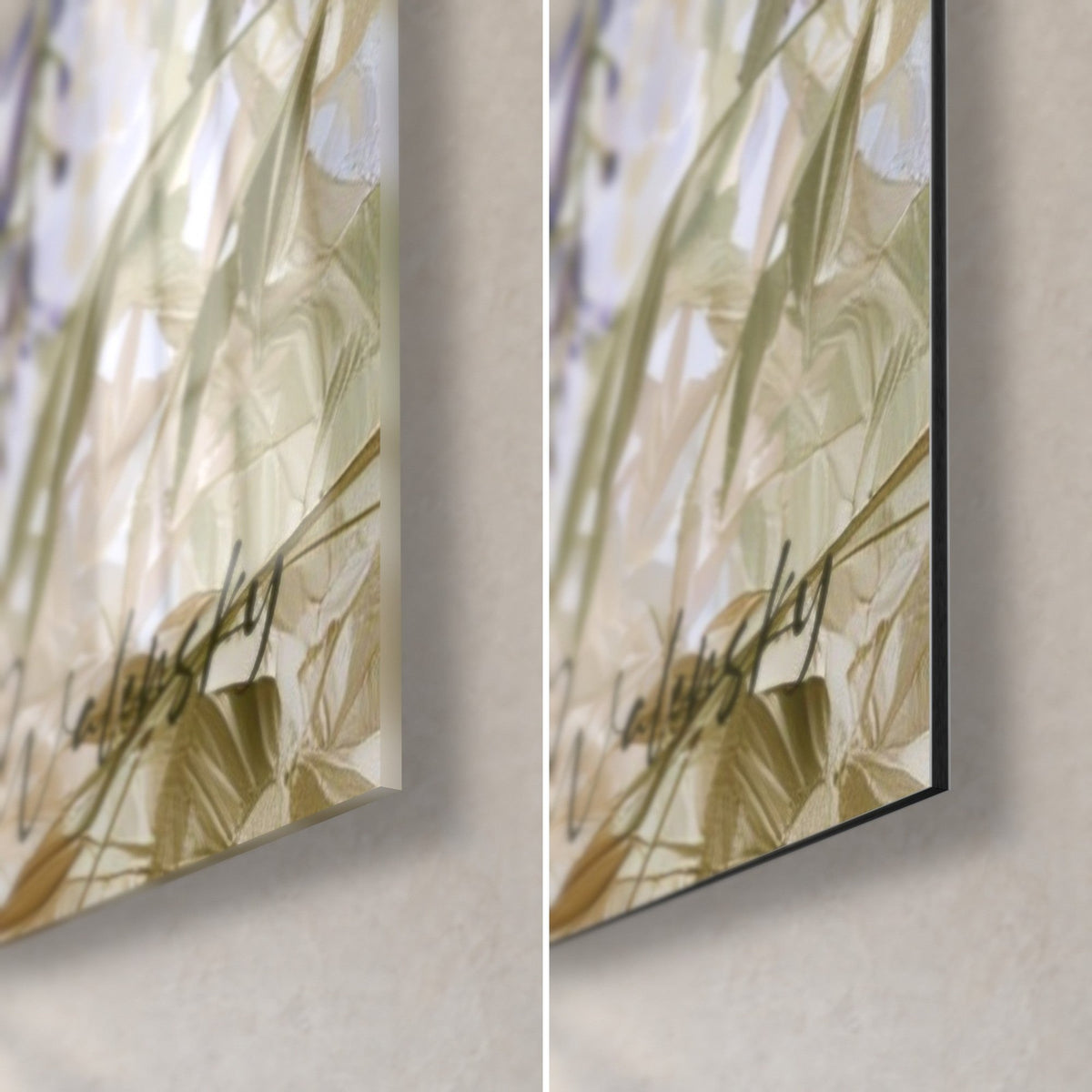 Schilderij trossen blauweregen in lila en groen, rechtsonder: glanzend acrylglas links, mat zwart Dibond-aluminium rechts