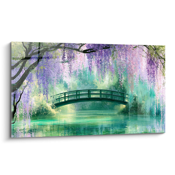 Tableau Pont arqué mauve et turquoise sur étang - Reflet du bassin - Edition Glycine