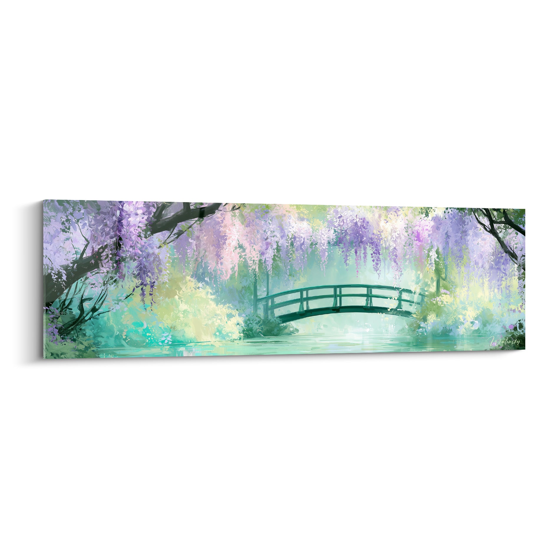 Pont vert sombre sur étang turquoise sous glycines mauves et roses, style aquarelle immersif