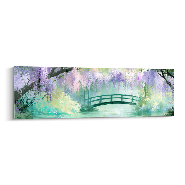 Tableau Pont arqué mauve et vert sous voûte fleurie - Étang miroitant clair - Edition Glycine