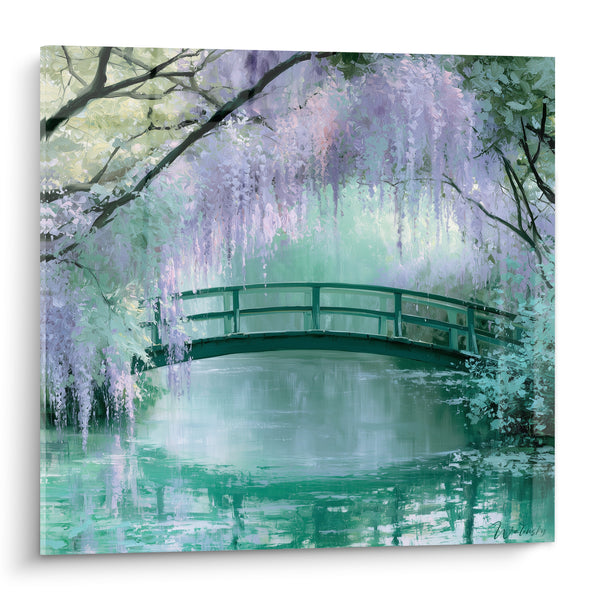 Tableau Pont japonais mauve et vert d'eau - Rêverie printanière - Edition Glycine