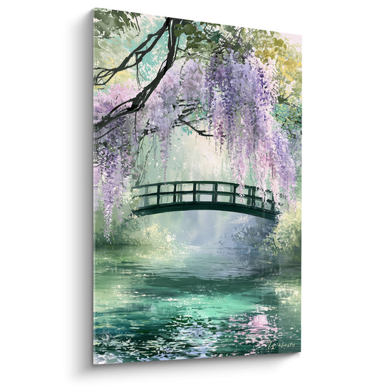Tableau Pont arqué noir sous grappes mauves et vertes - Reflet d'eau émeraude - Edition Glycine
