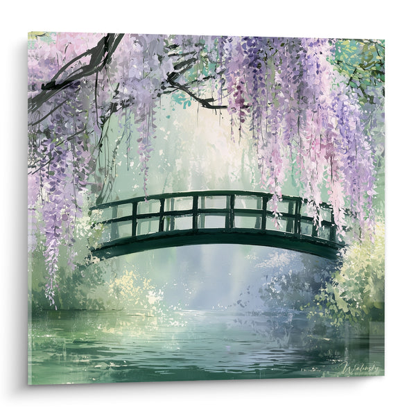 Tableau Pont vert foncé sous grappes mauve et rose - Étang calme au loin - Edition Glycine