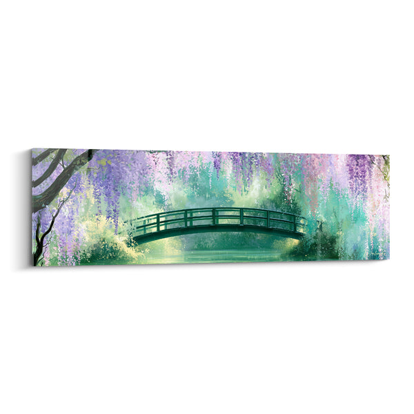 Tableau Pont arqué vert sous grappes mauves tombantes - Reflets sur l'étang - Edition Glycine