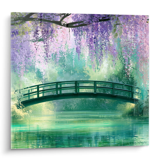 Glycine mauve en cascade au-dessus d'un pont vert émeraude enjambant une eau turquoise
