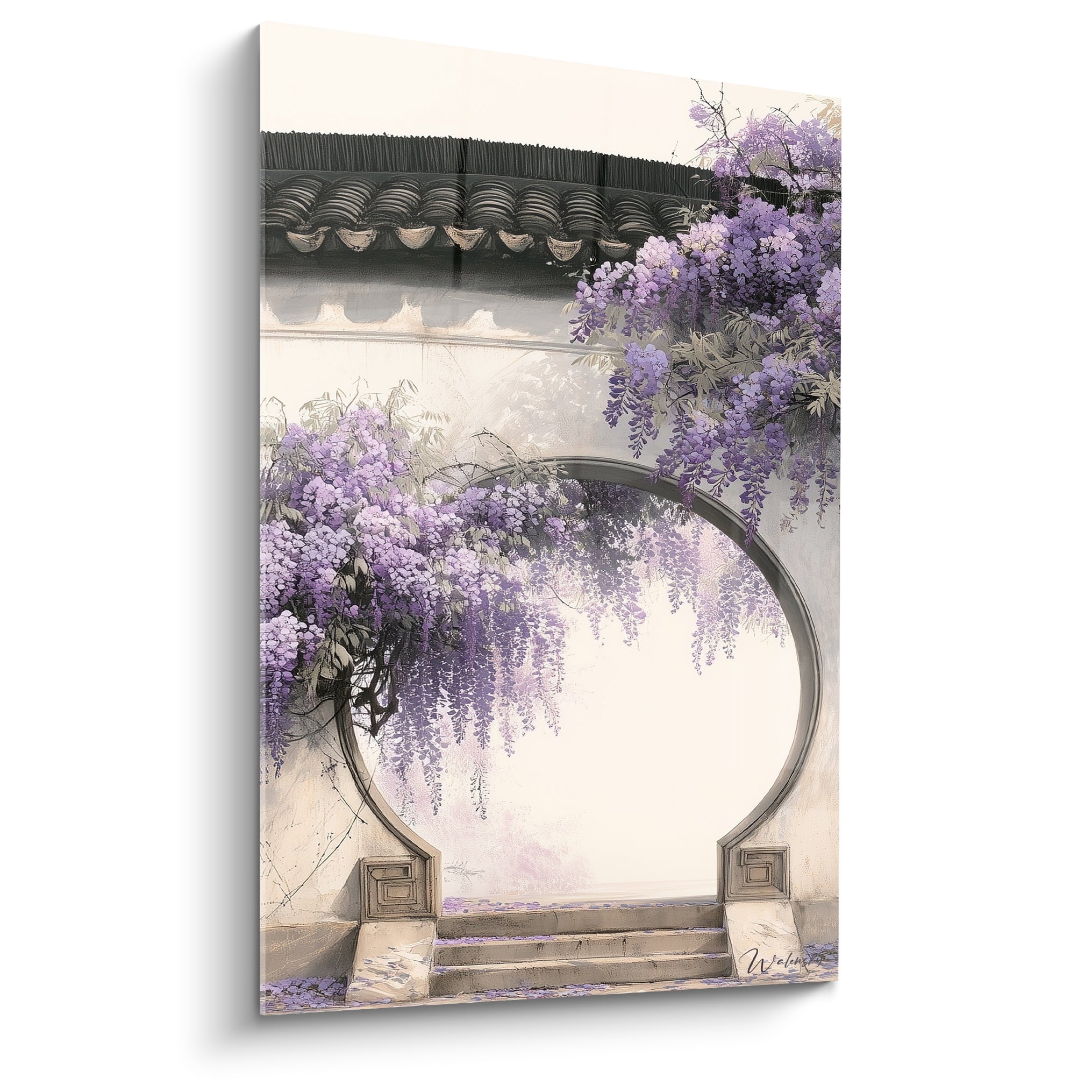 Glycine mauve en cascade sur portail lunaire ivoire, toiture anthracite, style aquarelle