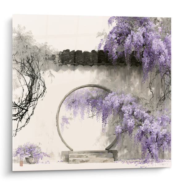 Tableau Portail rond gris et mauve fleuri - Passage secret fleuri - Edition Glycine