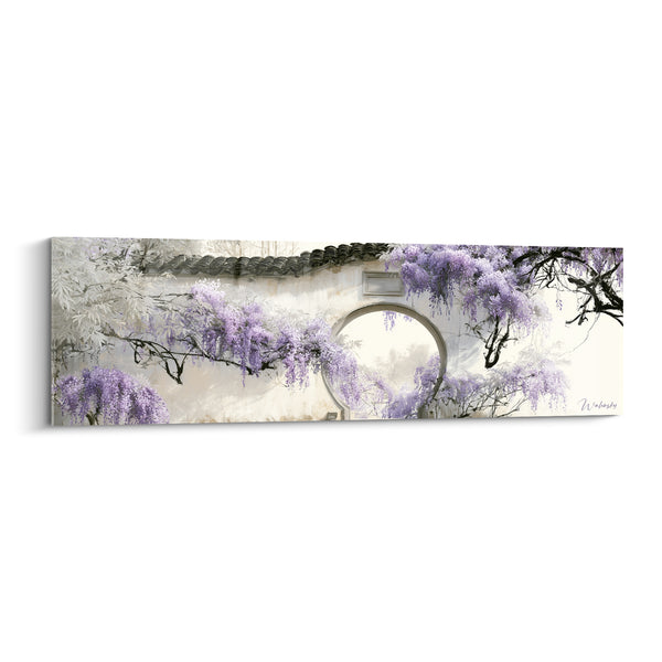 Tableau Portail circulaire mauve et blanc sous toit de tuiles - Mur ancien ajouré - Edition Glycine