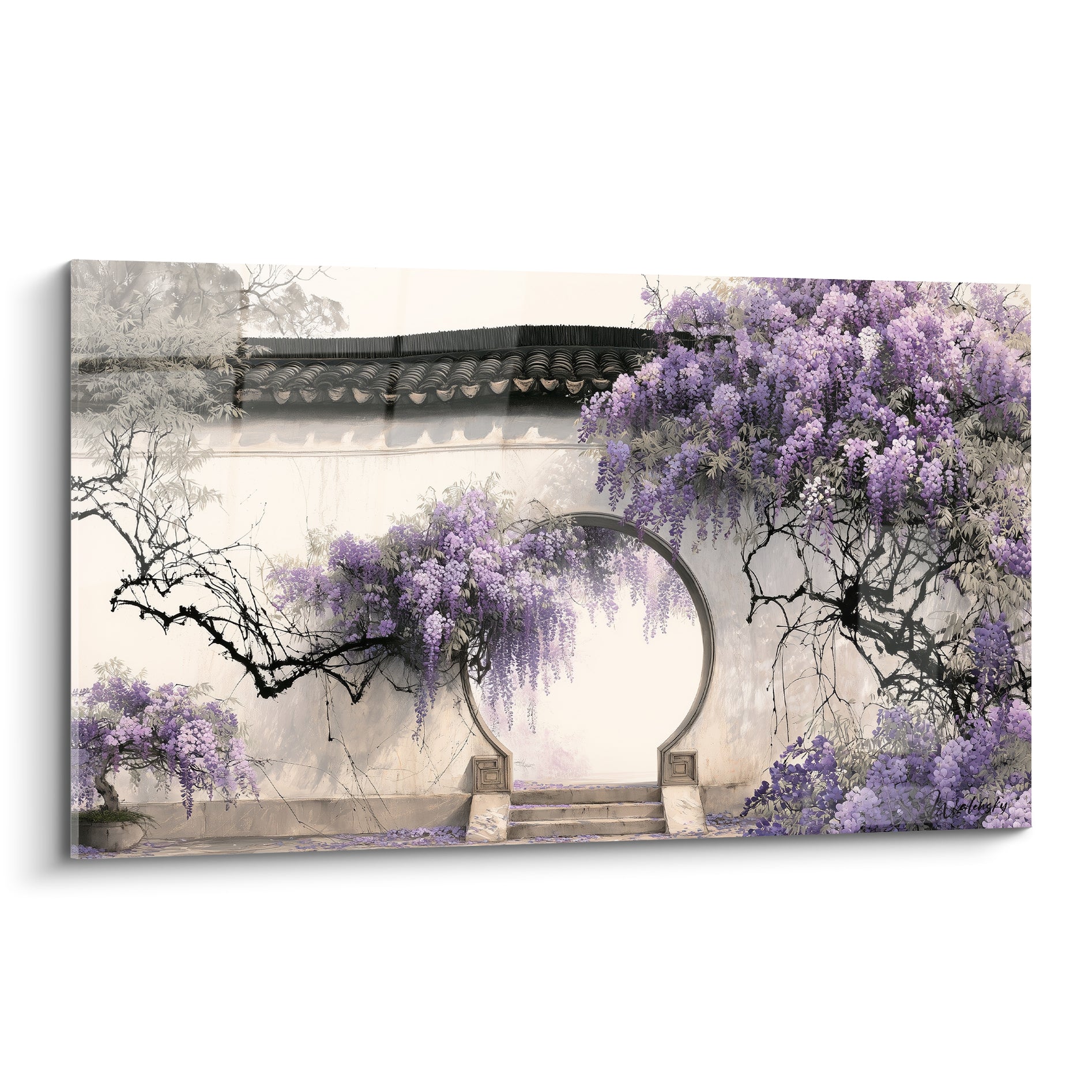 Portail rond blanc encadré de glycine mauve et violette, style aquarelle asiatique