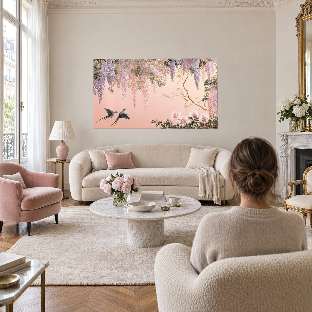 Quadro di rondini dalla coda biforcuta sotto grappoli di glicine malva e rosa, sfondo pesca, sopra un divano in un soggiorno luminoso