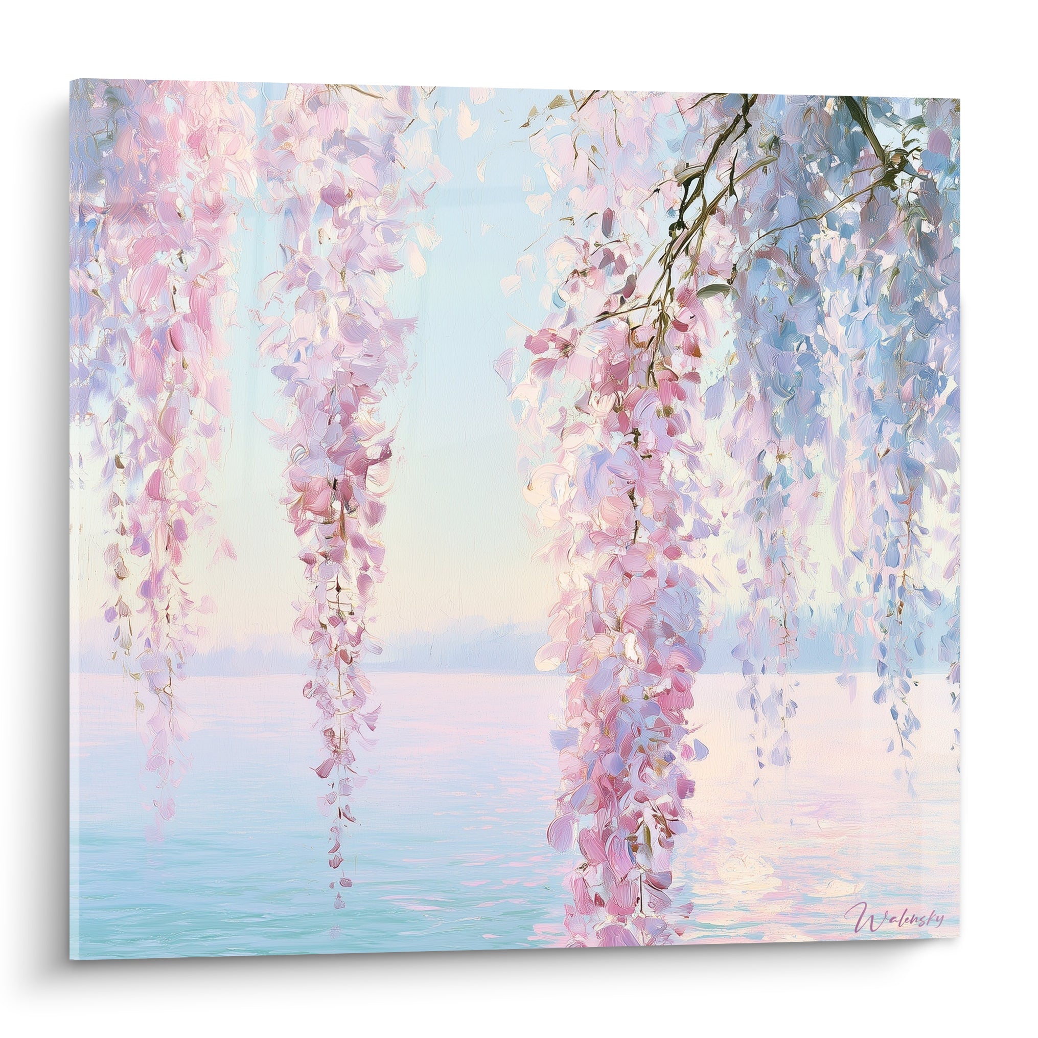 Glycine rose et bleue en cascade au-dessus d'un lac aux reflets pastel lumineux