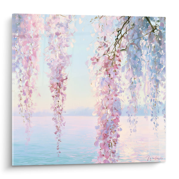 Tableau Grappes roses et bleu pâle surplombant un lac - Horizon brumeux lacustre - Edition Glycine