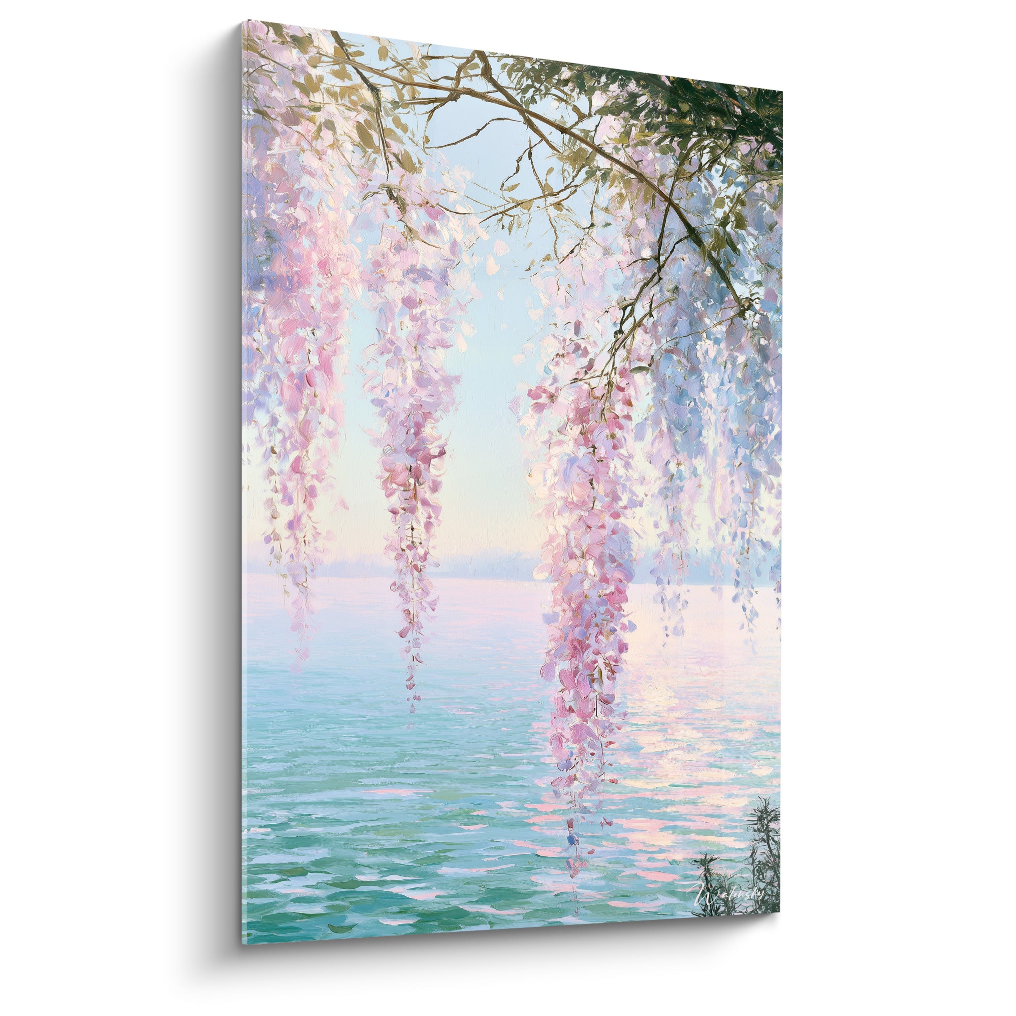 Glycine rose et lilas tombant en cascade au-dessus d'une eau turquoise sereine