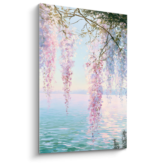 Tableau Grappes roses et turquoise surplombant une eau calme - Reflets pastel du matin - Edition Glycine