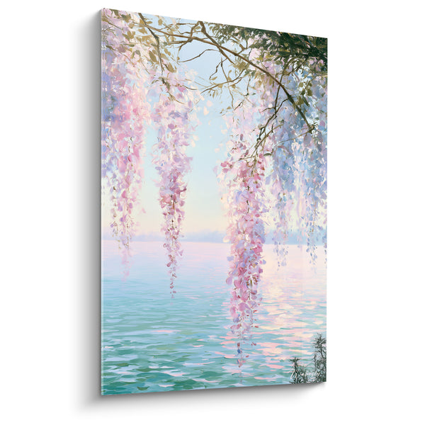 Tableau Grappes roses et turquoise surplombant une eau calme - Reflets pastel du matin - Edition Glycine