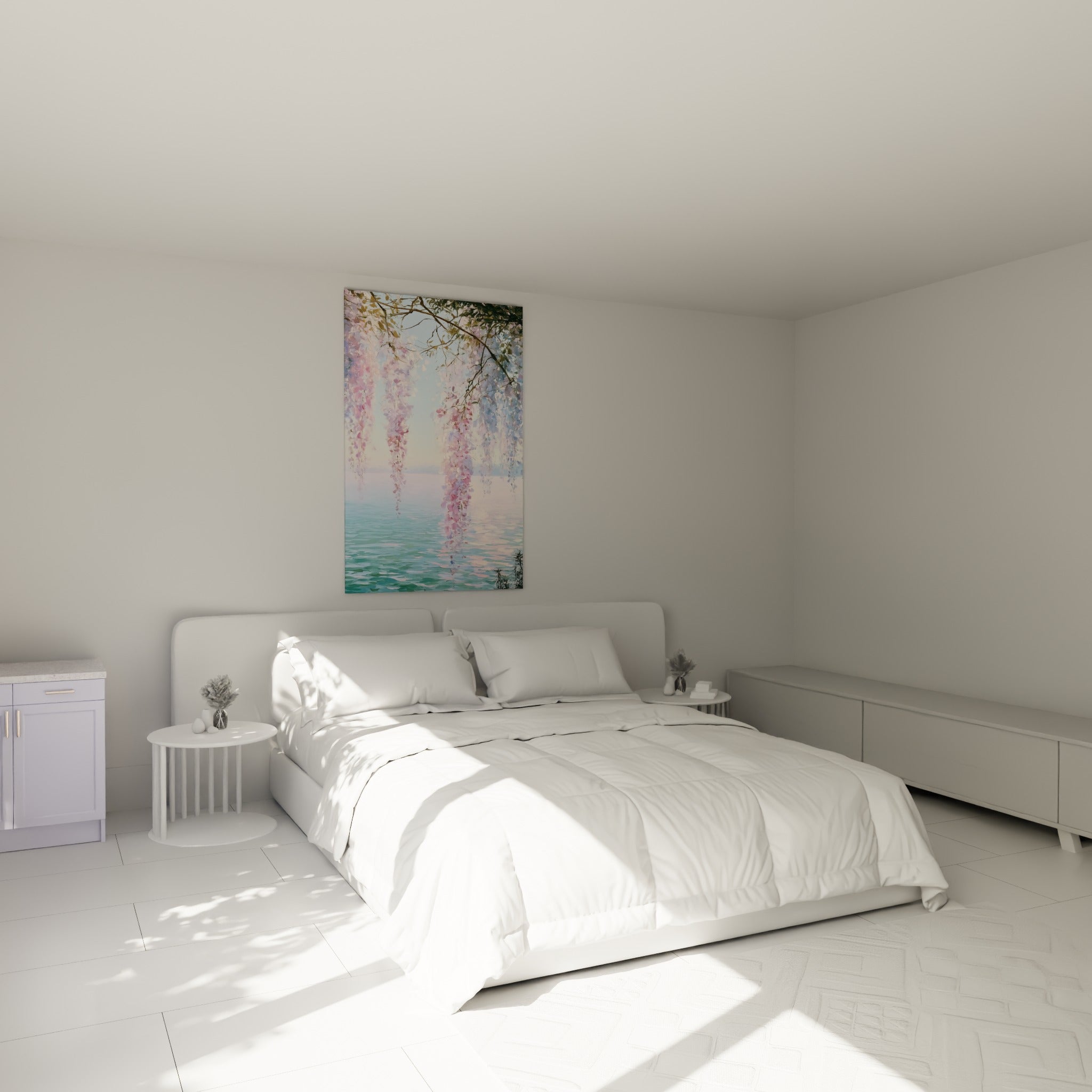 Grappes de glycine rose pâle et turquoise au-dessus d'un lit dans une chambre claire