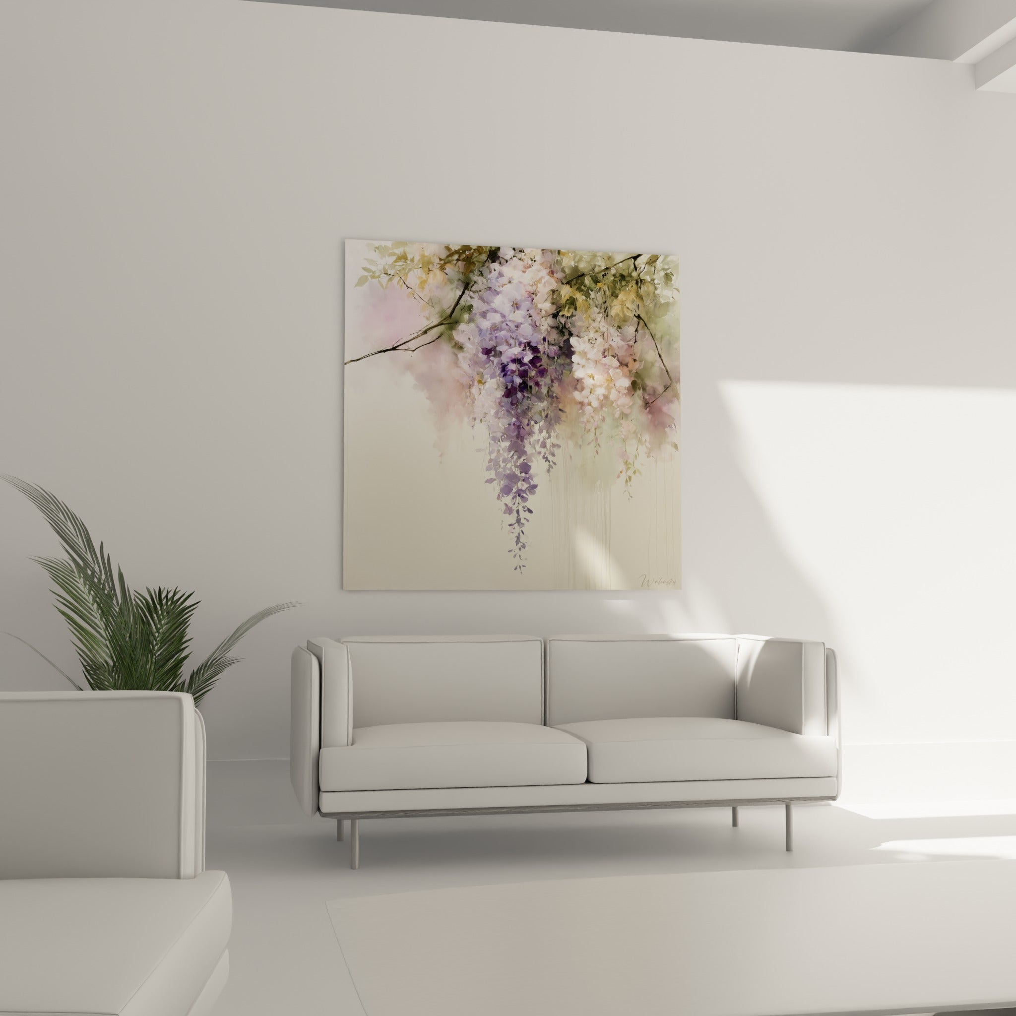 Fleurs de glycine lilas et pêche tombant en cascade au-dessus d'un canapé dans un salon lumineux