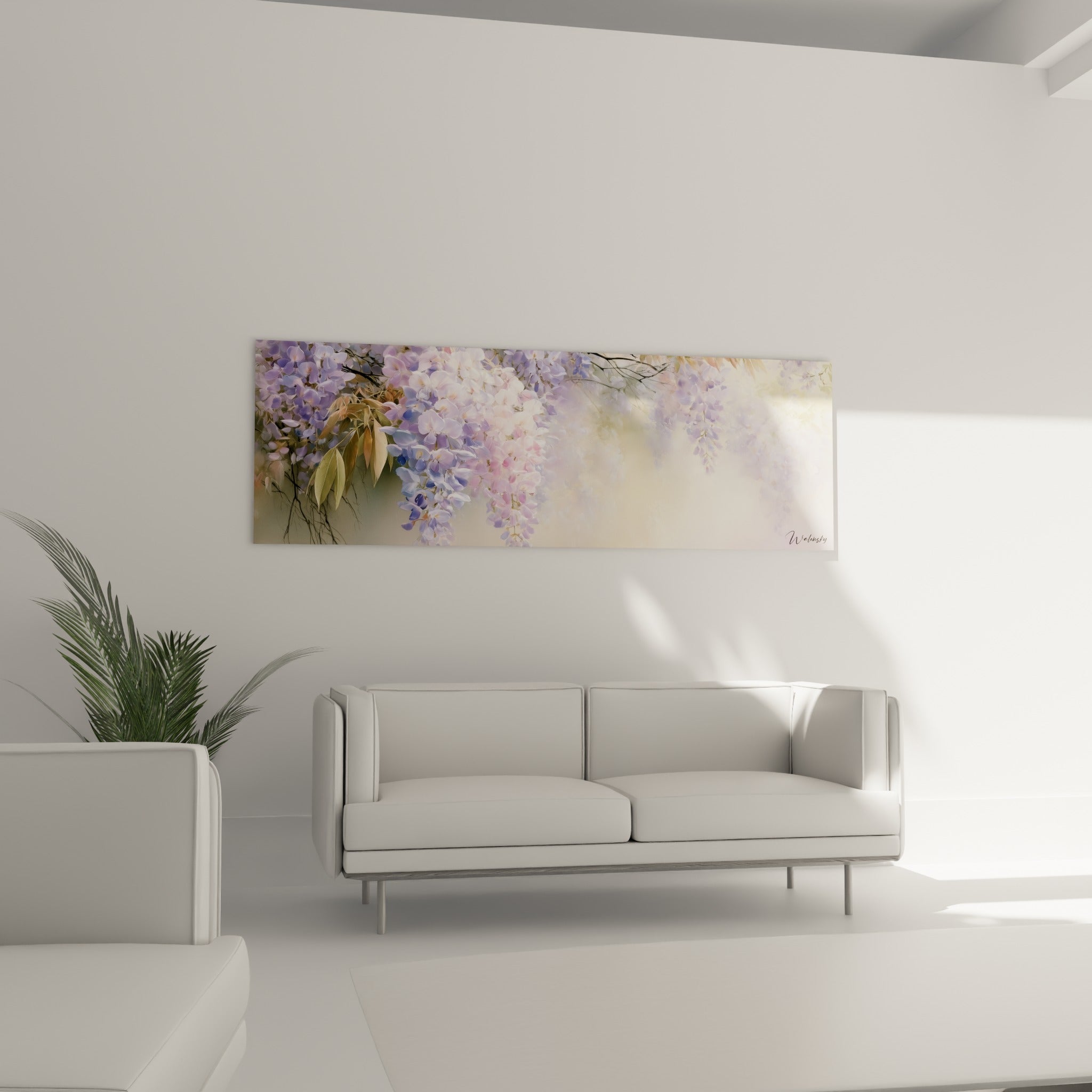 Grappes de glycine violette et rosée peintes en aquarelle, au-dessus d'un canapé dans un salon lumineux
