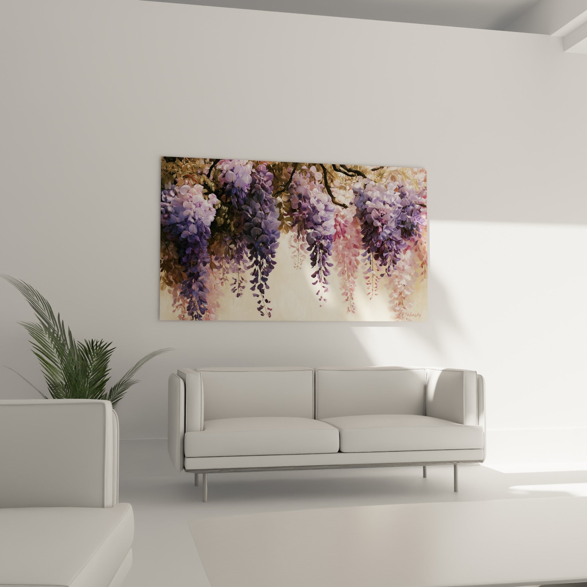 Grappes de glycine mauve et rose pastel, disposées au-dessus d'un canapé dans un salon lumineux