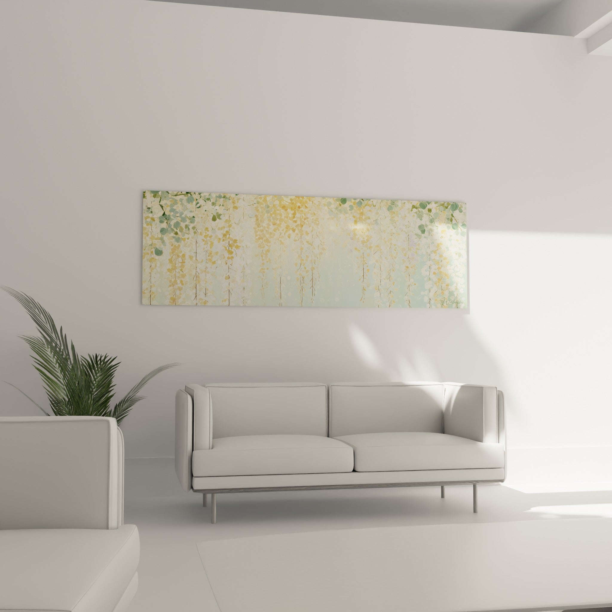 Fleurs de glycine dorées et blanches en rideau végétal au-dessus d'un canapé dans un salon lumineux