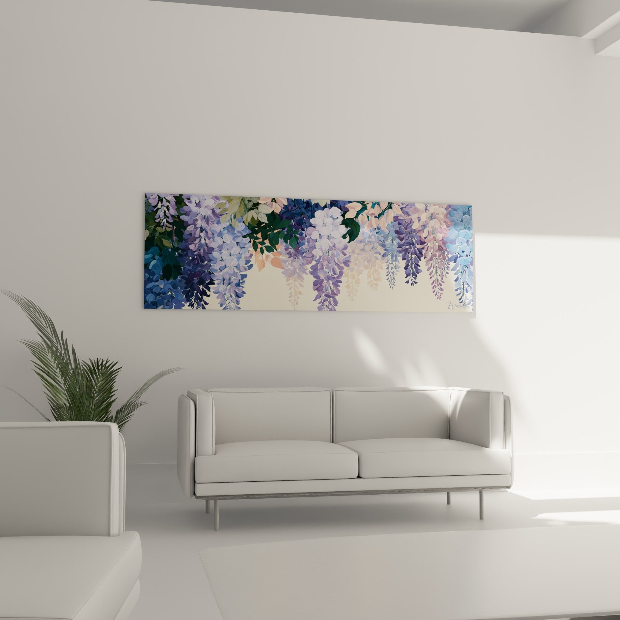 Fleurs de glycine violettes et pêche accrochées au-dessus d'un canapé dans un salon lumineux