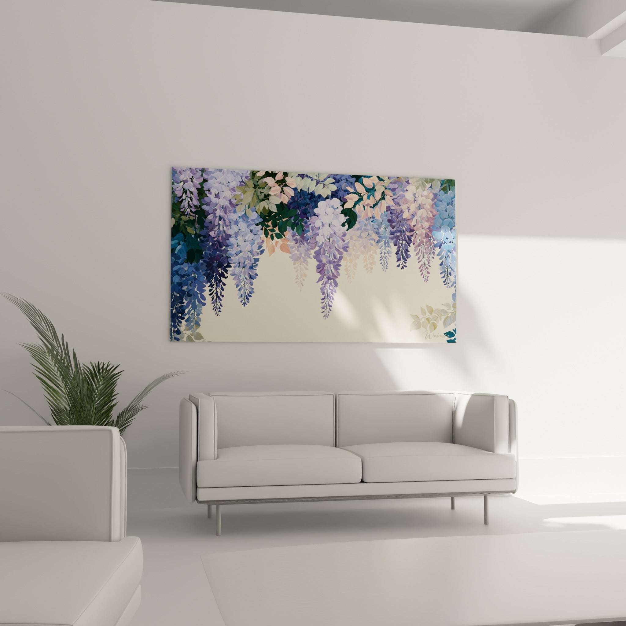 Grappes de glycine violette et vert tendre accrochées au-dessus d'un canapé dans un salon lumineux