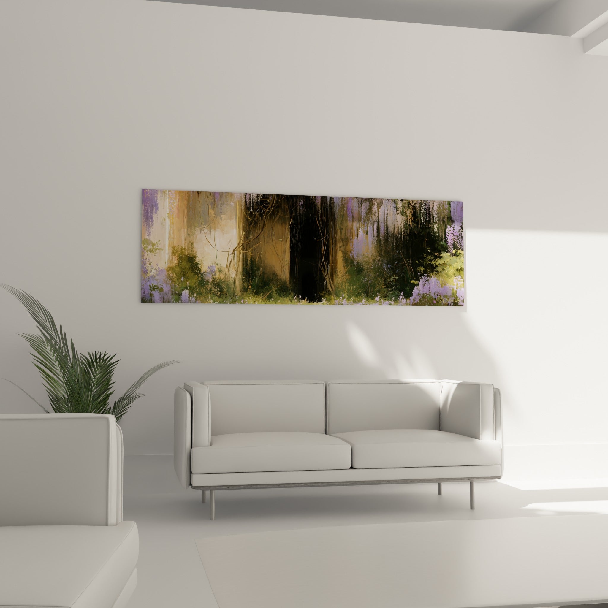 Végétation lavande et ocre du tableau Glycine au-dessus d'un canapé dans un salon lumineux