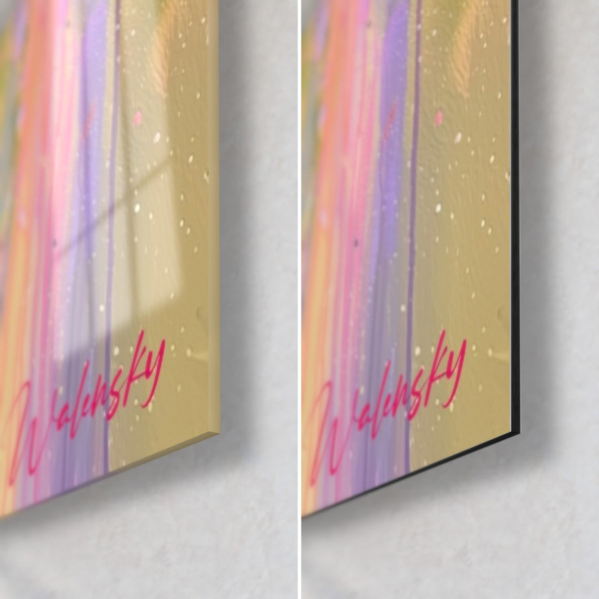 Wall art with mauve and golden yellow wisteria, bottom right corner, glossy glass on the left, matte Dibond on the right, 3 mm edge