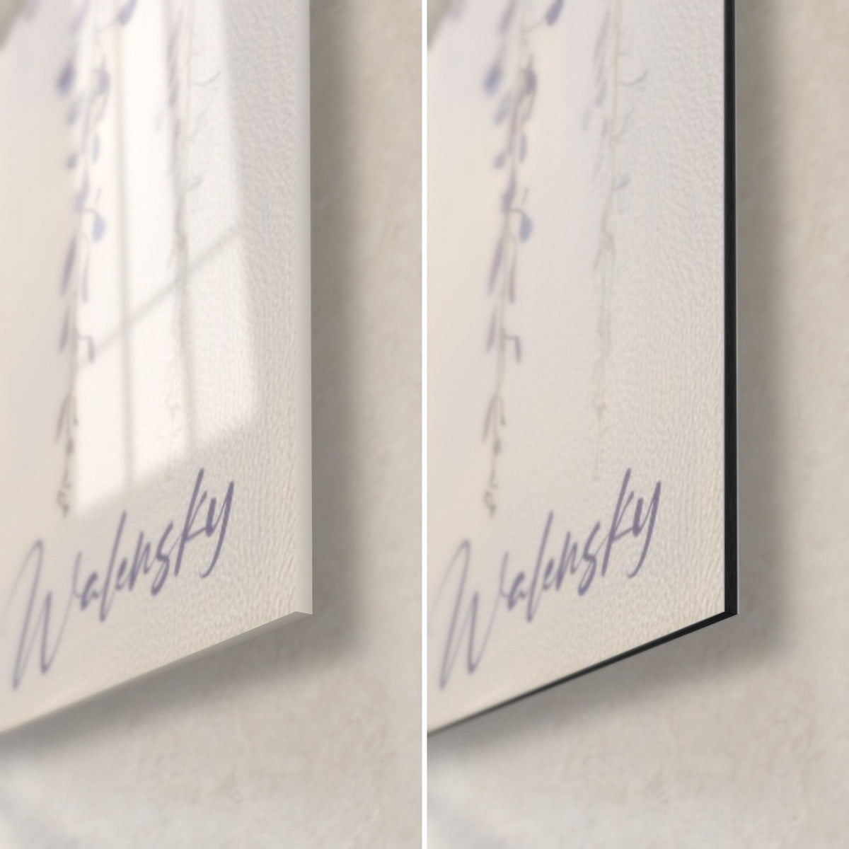 Wall art with violet and ivory wisteria clusters, bottom right corner: glossy acrylic glass on the left, matte black Dibond on the right