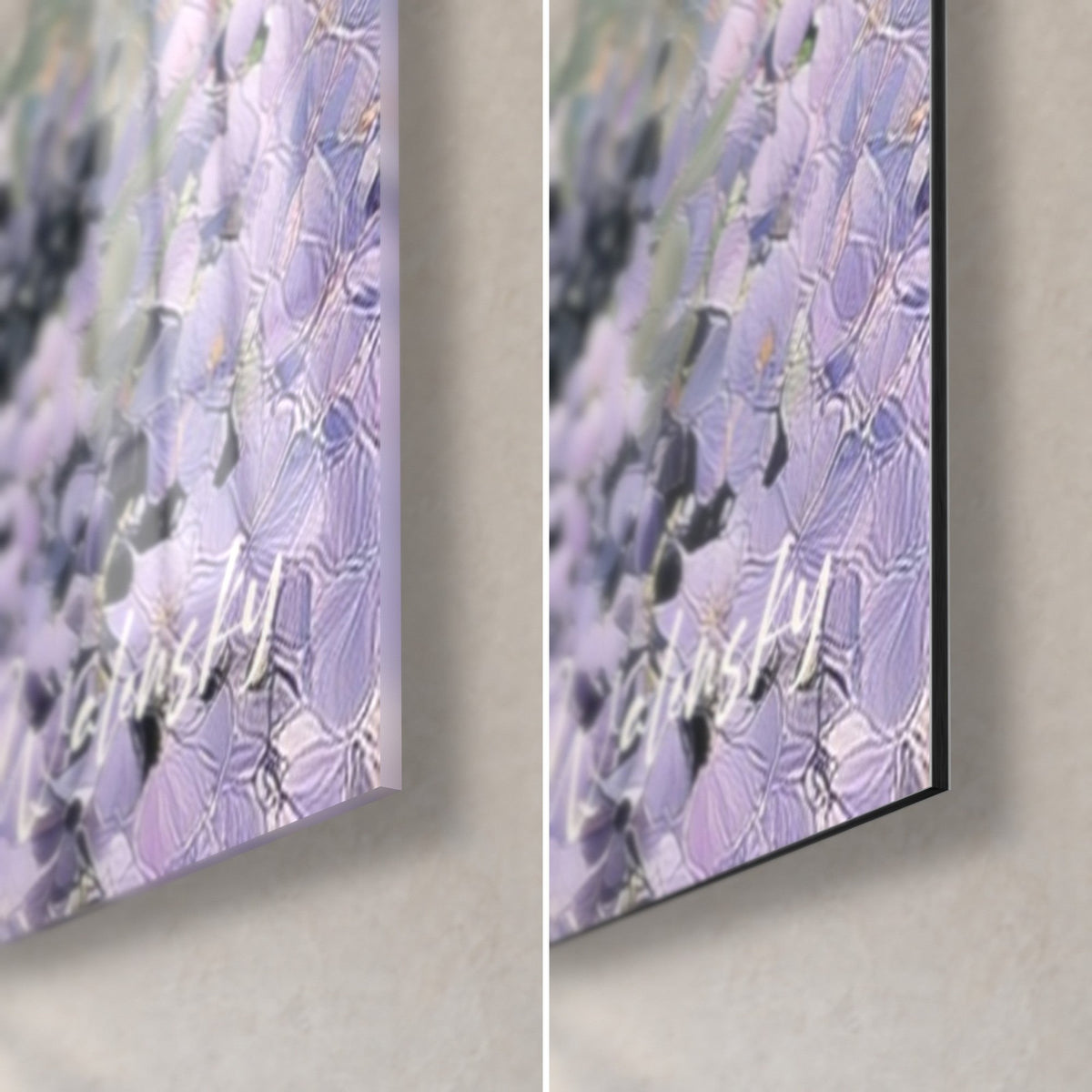 Wall art with violet and green wisteria clusters, bottom right corner: glossy acrylic glass on the left, matte Dibond aluminium on the right, 3 mm edge